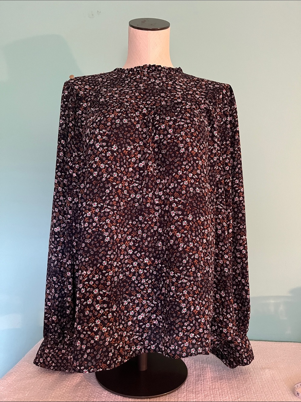 LOFT Black Floral Long-Sleeve Blouse
